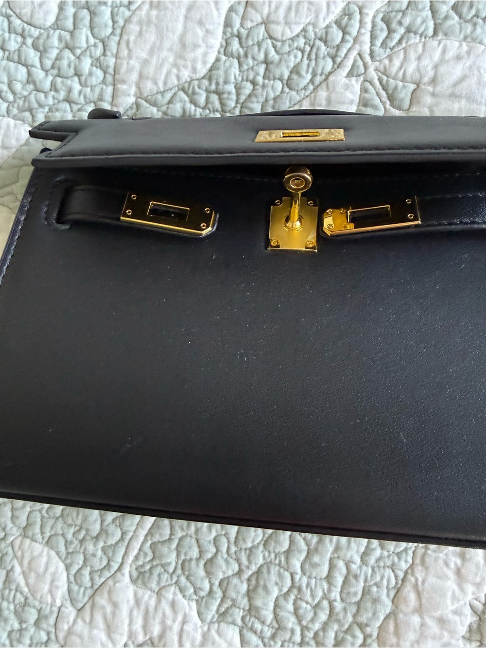 Black Leather Top-Handle Women's Bag with Gold Hardware - Picture 7 of 8